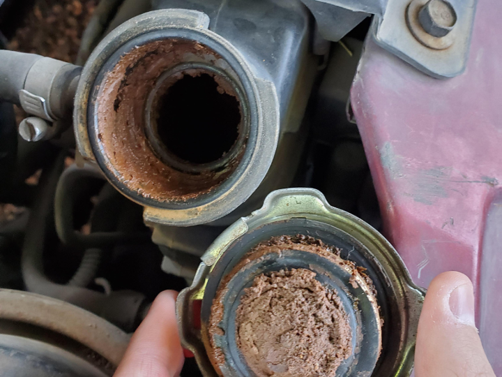 Radiator cap showing a corroded radiator